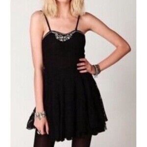 Free People Black M Lucky Beaded Sweetheart Whimsygoth lacy Y2K Mini Dress Elena